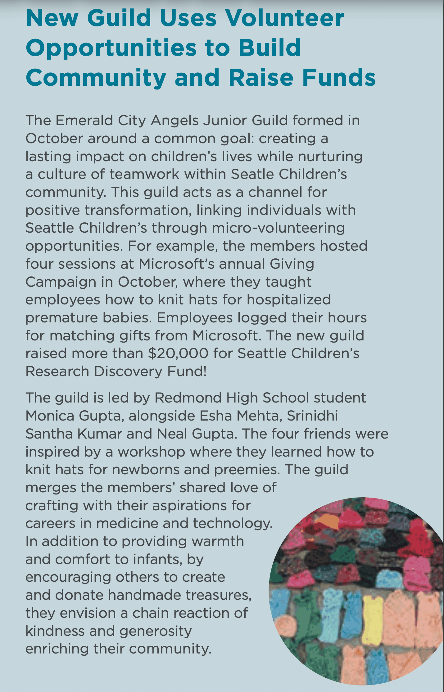 Newsletter article headlined ‘New Guild Uses Volunteer Opportunities to Build Community and Raise Funds’, describing how the Emerald City Angels Junior Guild formed in October, hosted four sessions at Microsoft’s Giving Campaign teaching employees to knit hats for premature babies, and raised more than $20,000 for Seattle Children’s Research Discovery Fund